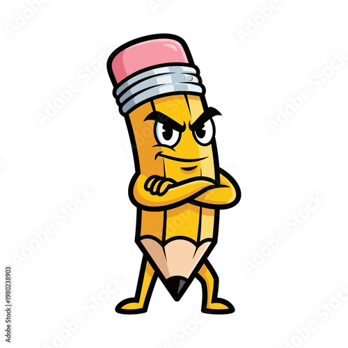 Angry Pencil Cartoon Character with Folded Arms and Grumpy Expression.