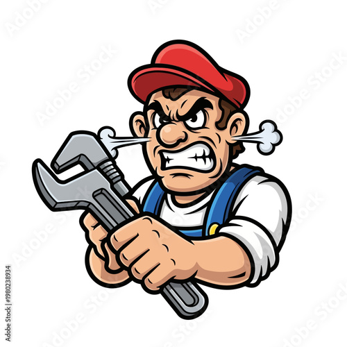 Angry Plumber Cartoon Character Holding Wrench.
