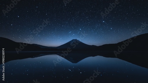 Starry Night Sky Over Mount Fuji Lake Reflection Serene Japanese Landscape Long Exposure Dark Blue Tones High Resolution