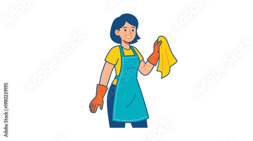 Woman wearing apron and gloves.