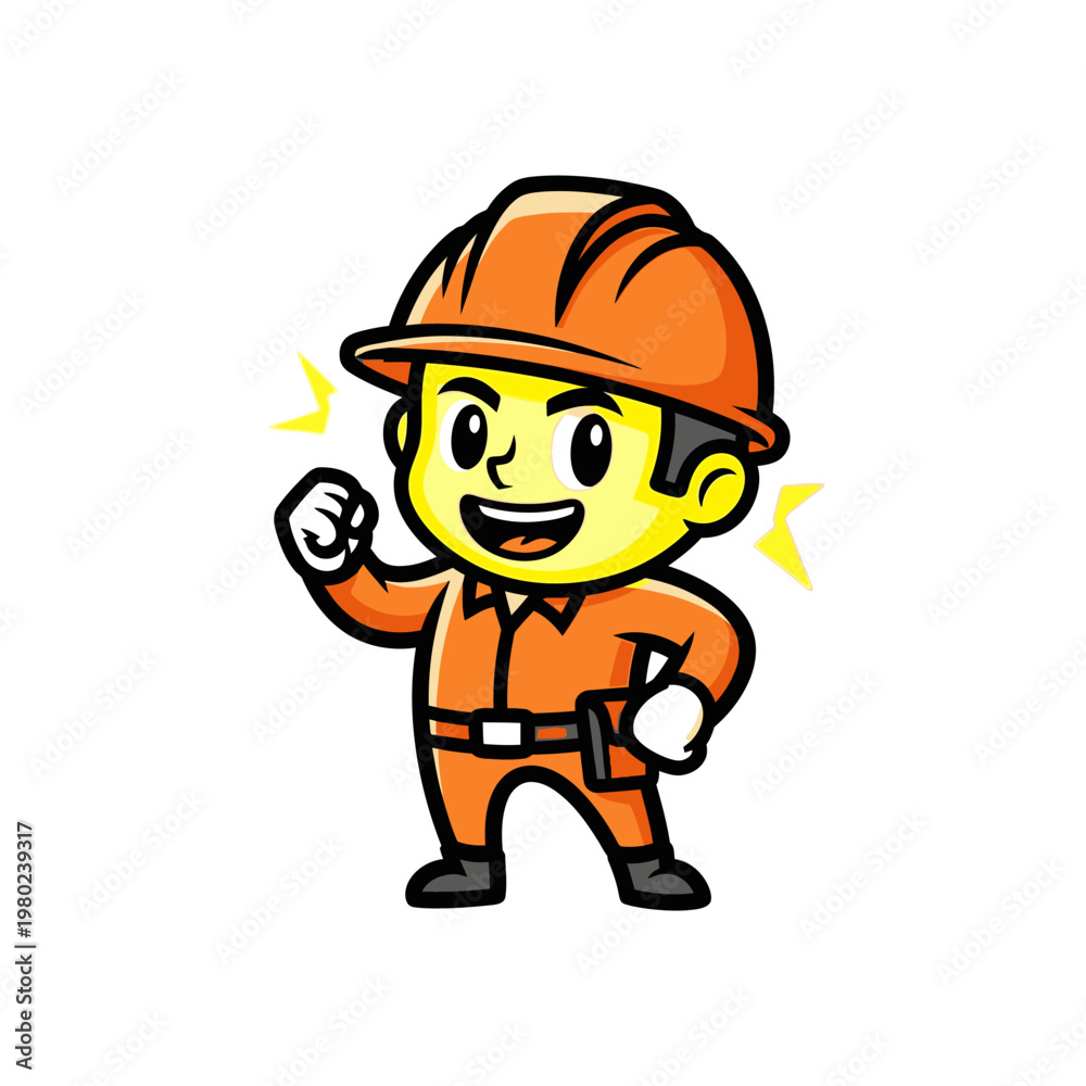 Fototapeta premium Cartoon electrician character in hard hat and uniform with lightning bolts.