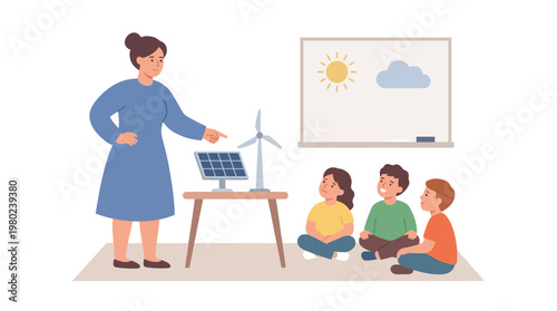 Teacher Educating Children About Renewable Energy Sources in Classroom. EPS Editable. Vector Illustrations.