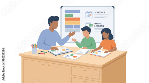 Teacher instructing diverse young students in a classroom setting. EPS Editable. Vector Illustrations.