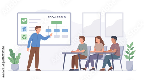 Teacher presenting eco labels in a classroom environment. EPS Editable. Vector Illustrations.