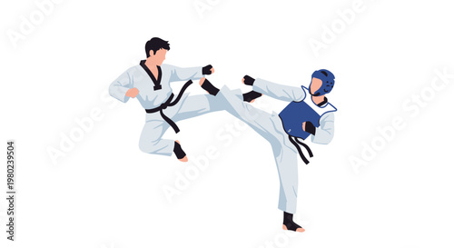 Two Taekwondo Martial Artists Sparring in Mid Air. EPS Editable. Vector Illustrations.
