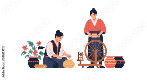 Two traditional Asian women working with spinning wheel and pottery. EPS Editable. Vector Illustrations.