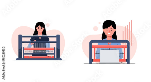 Two women operating 3D printers in modern technology workshop. EPS Editable. Vector Illustrations.