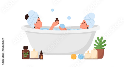 Two women relaxing in a bathtub with bubbles and essential oils. EPS Editable. Vector Illustrations.