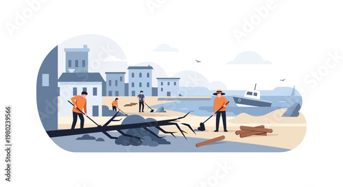 Volunteers cleaning up debris and wreckage on a beach after a natural disaster. EPS Editable. Vector Illustrations.