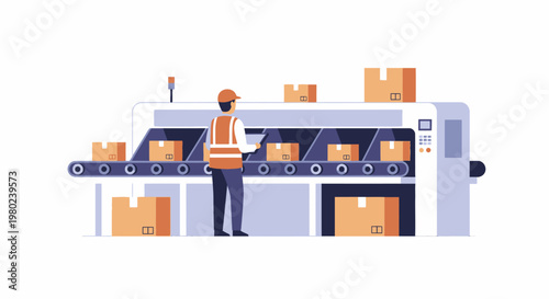 Warehouse worker operating automated parcel conveyor belt system. EPS Editable. Vector Illustrations.