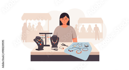 Woman artisan making handmade jewelry at a craft market stall. EPS Editable. Vector Illustrations.