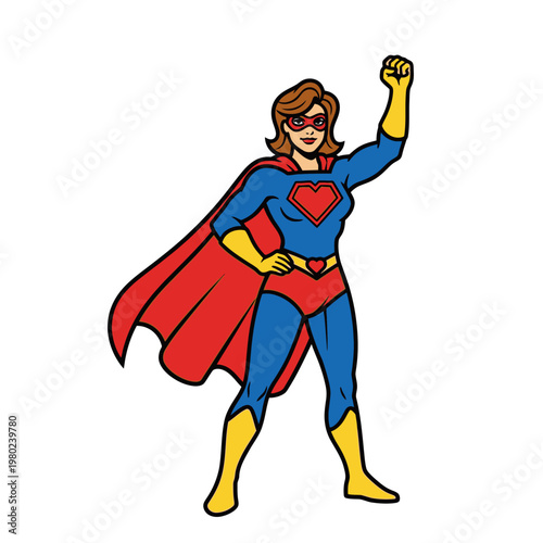Confident female superhero in classic costume with fist raised.