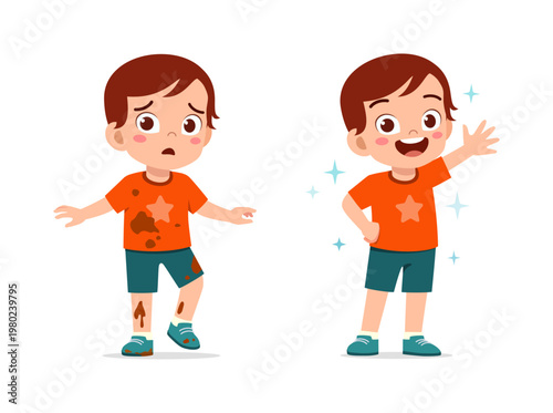 A cartoon boy feeling worried when dirty and then happy after becoming clean with sparkling effects