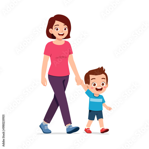 Happy smiling mother and son walking hand in hand cute family illustration