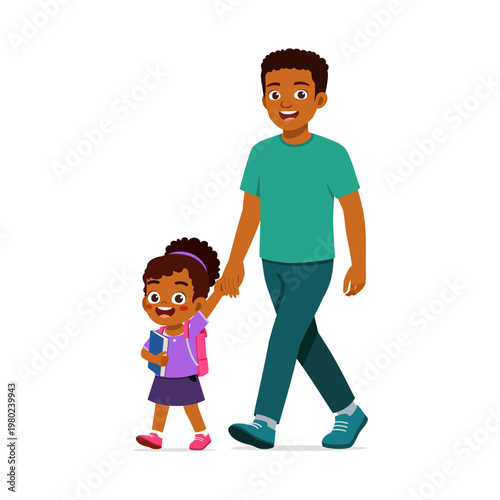 African American father and daughter happily walking to school holding hands smiling cheerfully