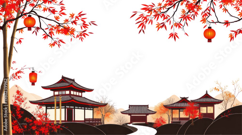 Japanese Autumn Landscape with Traditional Pagodas Red Maple Leaves and Glowing Lanterns