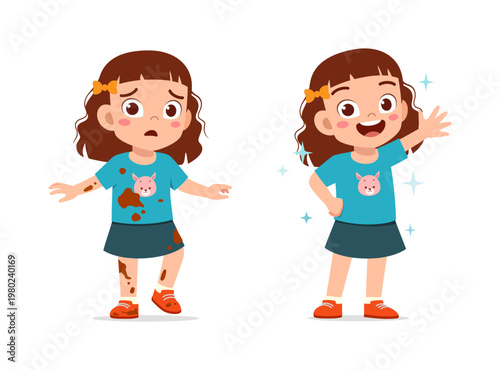 Cute Asian girl upset with dirty clothes then happy and sparkling clean after bath before and after comparison
