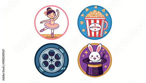 Colorful Movie Night Icons Set.