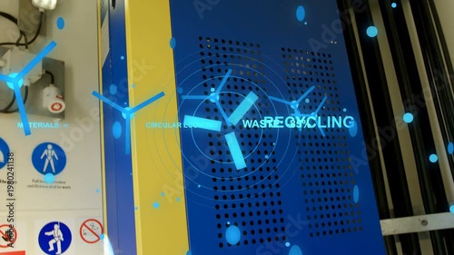 Blue cabinet, camera panning upward showing top lights, AR recycling icons showing waste% over unit