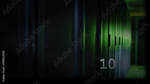 Server racks at right holding still while camera sliding, causing code graphics forming LATENCY box