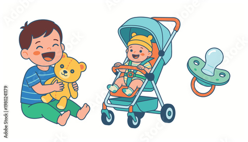 Toddler and baby with toys.