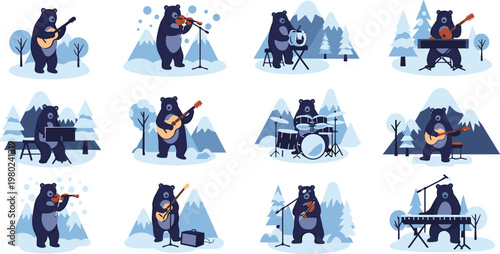 Winter Bear Music Band Illustration Set with Cartoon Animals Playing Instruments in Snowy Forest Concert Scenes Vector Collection