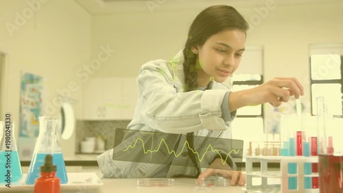 Pipetting student in denim jacket doing tests at school lab, with pipette, petri dishes, waveform