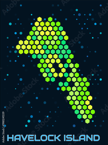 Havelock Island hexagon dots map. Digital style boundary shape. Havelock Island map and title. Large green colored hexagons, sparse blue dots at background. Vector Illustration.