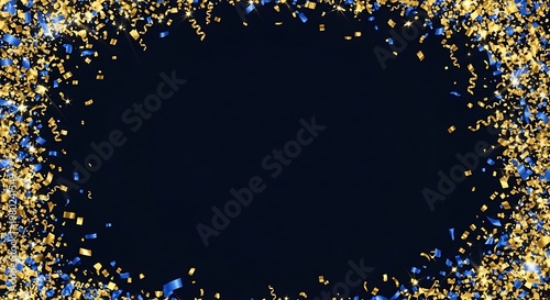 A dark party-themed background with glowing gold and blue confetti framing the edges.