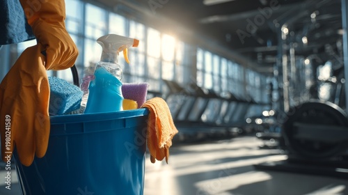 Gloves and toiletries in a bucket and in the background a blurred gym