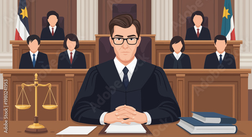Courtroom scene with a judge, jury members, and legal materials during a trial