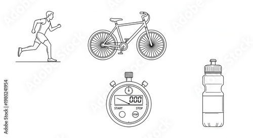 Fitness Icons: Runner, Bicycle, Stopwatch, Water Bottle - Sports and Healthy Lifestyle Concept