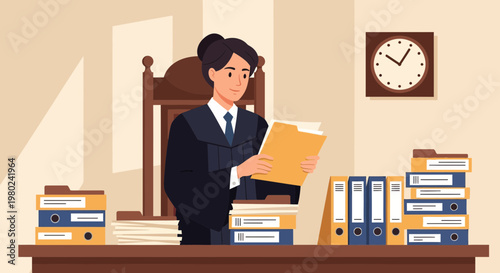 Judge reviews legal files in courtroom during afternoon hours while surrounded by organized paperwork
