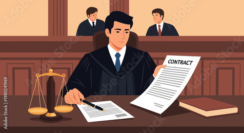 Judge reads contract in courtroom while two other individuals observe in the background during legal proceedings