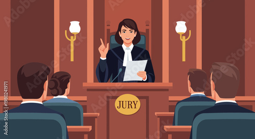 Courtroom scene where a judge addresses the jury and explains the trial process to the group of jurors present to make a decision