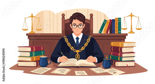 Judge writes notes in law office surrounded by books and scales of justice