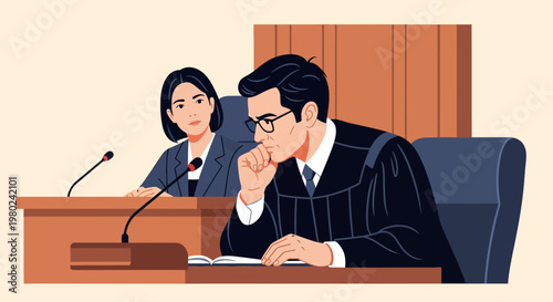 Judge and lawyer in a courtroom during a trial session discussing important legal matters