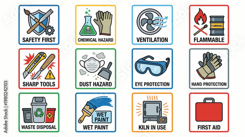 Set of Workshop and Art Studio Safety Warning Icons. EPS Editable. Vector Illustrations.