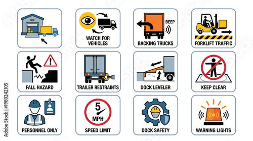 Set of Warehouse and Loading Dock Safety Warning Signs and Icons for Industrial Workplace Safety. EPS Editable. Vector Illustrations.