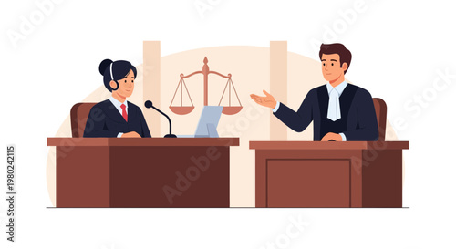 Courtroom scene with lawyer speaking and clerk taking notes during a legal hearing