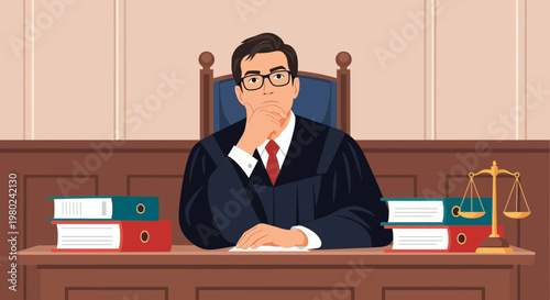Judge sitting at desk with law books and scales in court observing the proceedings and thinking about the case