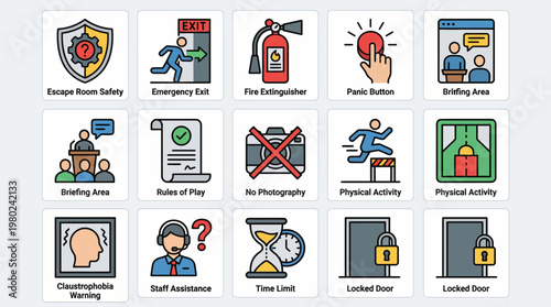 Collection of colorful flat line icons for escape room rules and safety procedures. EPS Editable. Vector Illustrations.