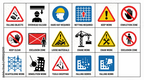 Collection of Construction Site Safety Warning Signs and Icons. EPS Editable. Vector Illustrations.
