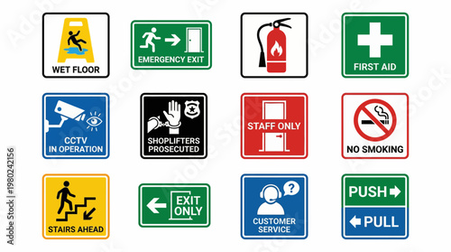 Collection of Essential Safety and Informational Signs for Public Spaces. EPS Editable. Vector Illustrations.