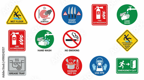 Collection of Essential Restaurant and Industrial Safety Signs and Symbols. EPS Editable. Vector Illustrations.