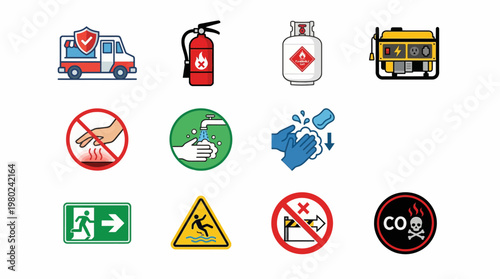 Collection of Essential Safety Icons and Hazard Warning Signs for Workplace and Public Areas. EPS Editable. Vector Illustrations.