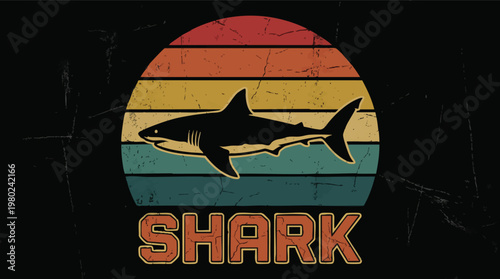 Vintage Shark Silhouette on Retro Striped Sunset Background.