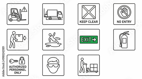 Collection of industrial safety and warning signs icons. EPS Editable. Vector Illustrations.
