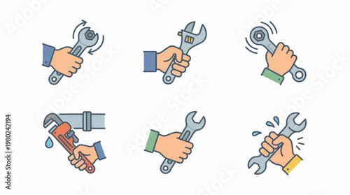 Collection of hand holding various wrench tools icons set. EPS Editable. Vector Illustrations.