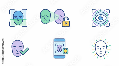 Set of biometric facial recognition and identity verification icons. EPS Editable. Vector Illustrations.
